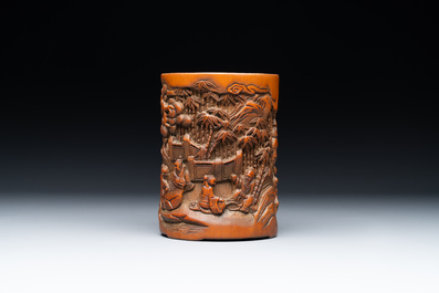 A Chinese carved bamboo 'Seven Sages of the Bamboo Grove' brush pot, 19th C.