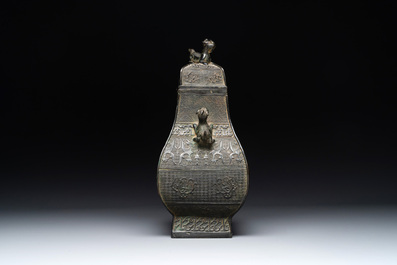 A Chinese archaistic bronze ritual wine vessel and cover in Western Zhou-style, 'fang hu 方壺', Ming