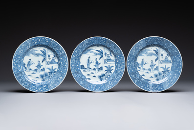 Six Chinese blue and white 'Xi Xiang Ji' plates, Qianlong