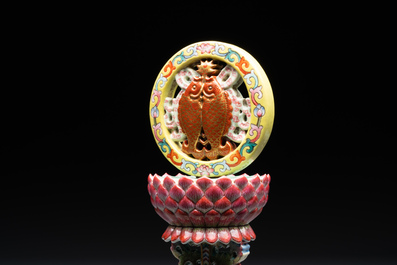 A rare Chinese famille rose Buddhist emblem altar ornament, Qianlong mark and of the period