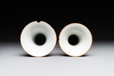 A Chinese capucin-brown-ground famille rose garniture of five vases with floral design, Qianlong
