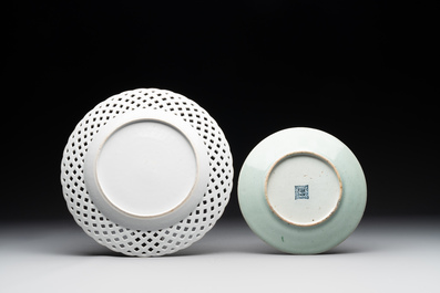 A Chinese blue and white dish, a plate and three famille rose plates, Qianlong and later