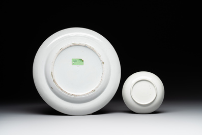 A Chinese Canton famille rose plate, a famille rose vase and a saucer, Qianlong and later
