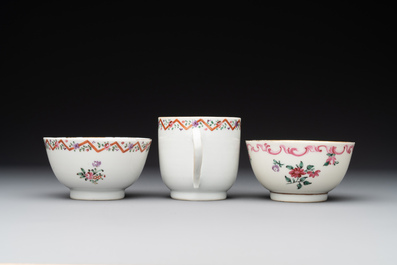 Three Chinese export famille rose 'European subject' cups and two saucers, Qianlong