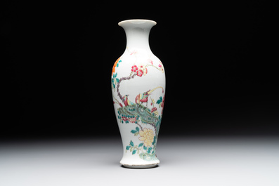 A Chinese Canton famille rose plate, a famille rose vase and a saucer, Qianlong and later