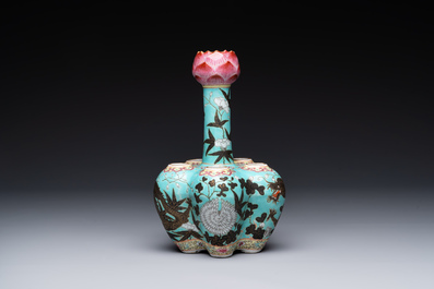 A Chinese famille rose turquoise-ground 'dragon' flower vase, 19th C.