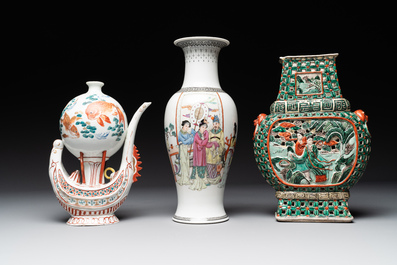 Two Chinese famille rose vases, two teapots and a Japanese wucai ewer, 19th C.