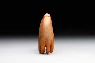 A rare Chinese rhinoceros horn snuff bottle in the shape of a Buddha hand, 19th C.