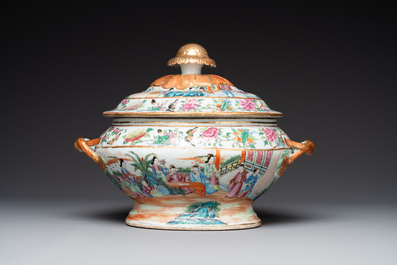 A Chinese Canton famille rose tureen and cover with narrative design, 19th C.
