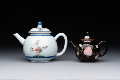 A Chinese famille verte teapot and a famille rose black-ground teapot, Kangxi/Yongzheng