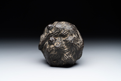 A Japanese bronze okimono with three monkeys, Yoshinobu seal mark, Meiji period