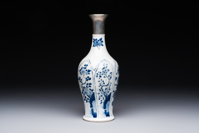 A Chinese blue and white silver-mounted vase with floral design, Kangxi