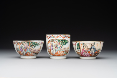 Three Chinese export famille rose 'European subject' cups and two saucers, Qianlong