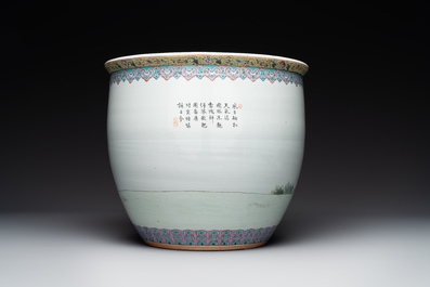 A Chinese famille rose jardiniere with ladies in a garden, 20th C.