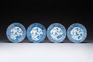 Four Chinese blue and white 'Xi Xiang Ji' plates, Qianlong