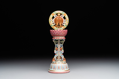 A rare Chinese famille rose Buddhist emblem altar ornament, Qianlong mark and of the period