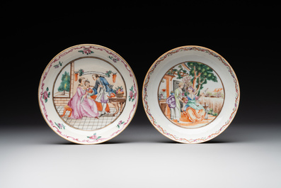 Three Chinese export famille rose 'European subject' cups and two saucers, Qianlong