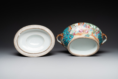 A Chinese Canton famille rose tureen and cover with narrative design, 19th C.