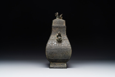 A Chinese archaistic bronze ritual wine vessel and cover in Western Zhou-style, 'fang hu 方壺', Ming