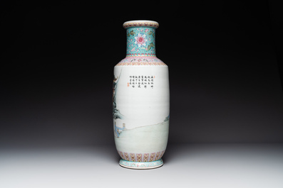A Chinese famille rose rouleau vase with figurative design, Qianlong mark, Republic