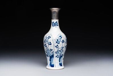 A Chinese blue and white silver-mounted vase with floral design, Kangxi