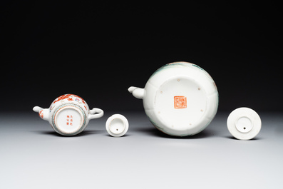 Two Chinese famille rose vases, two teapots and a Japanese wucai ewer, 19th C.