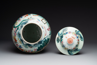 A pair of Chinese famille rose 'hundred boys' vases and covers on wooden stands, 19th C.
