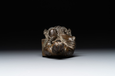 A rare Chinese parcel-gilt and lacquered pewter Guanyin, 17/18th C.
