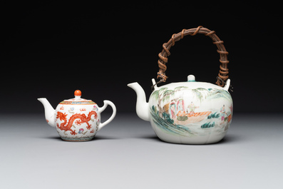 Two Chinese famille rose vases, two teapots and a Japanese wucai ewer, 19th C.