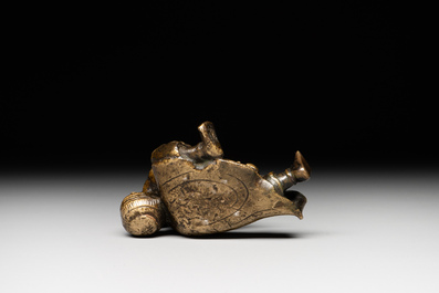 A Chinese bronze paperweight in the form of 'Shi De 拾得' on wooden stand, 16th C.