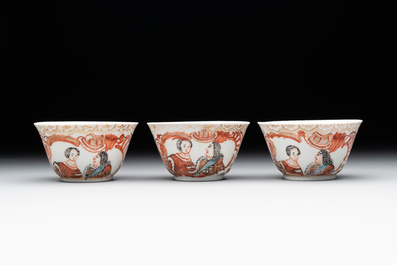 Six Japanese Dutch-decorated or Amsterdams bont 'William and Mary' cups and saucers, Edo, 18th C.
