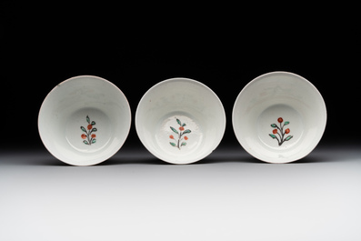 Six Japanese Dutch-decorated or Amsterdams bont 'William and Mary' cups and saucers, Edo, 18th C.