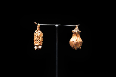 Three pairs of gold earrings with pearls and two gold pendants, Roman Era, 2nd/3rd C.