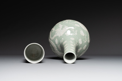 A Chinese celadon-ground slib design 'dragon' vase and Chinese blue and white vase or incense container, 19th C.