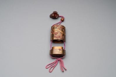 A Japanese lacquerware inro with a bird-shaped netsuke, a wooden 'fox' mask and a silver box, Chang Jia Zhai 常嘉斋 mark, 19th C.