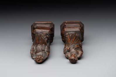 Two parcel-gilt and polychromed miniature oak sculptures of Saint John The Evangelist and Saint Catherine, 16th C.