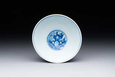 A Chinese blue and white 'Three friends of winter' bowl, Jiajing mark, Kangxi