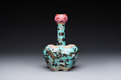 A Chinese famille rose turquoise-ground 'dragon' flower vase, 19th C.