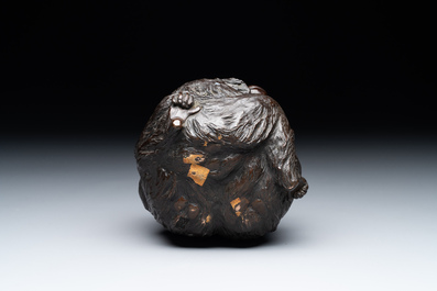 A Japanese bronze okimono with three monkeys, Yoshinobu seal mark, Meiji period