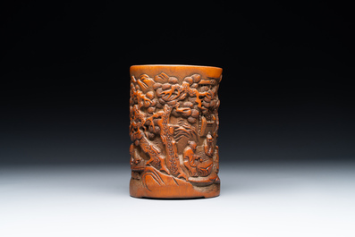 A Chinese carved bamboo 'Seven Sages of the Bamboo Grove' brush pot, 19th C.
