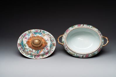 A Chinese Canton famille rose tureen and cover with narrative design, 19th C.