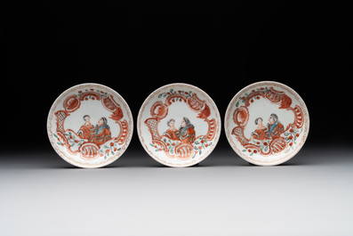 Six Japanese Dutch-decorated or Amsterdams bont 'William and Mary' cups and saucers, Edo, 18th C.
