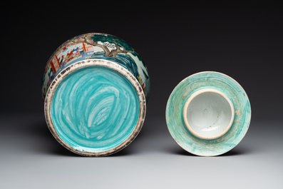 A pair of Chinese famille rose 'hundred boys' vases and covers on wooden stands, 19th C.