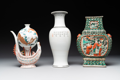 Two Chinese famille rose vases, two teapots and a Japanese wucai ewer, 19th C.
