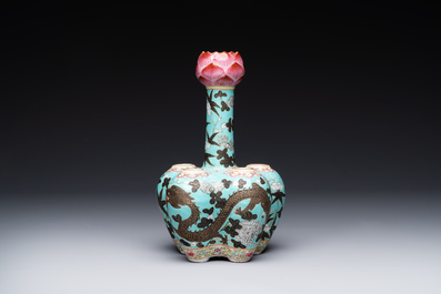 A Chinese famille rose turquoise-ground 'dragon' flower vase, 19th C.
