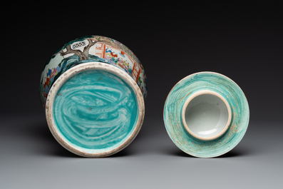 A pair of Chinese famille rose 'hundred boys' vases and covers on wooden stands, 19th C.