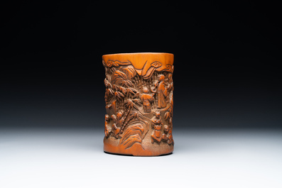 A Chinese carved bamboo 'Seven Sages of the Bamboo Grove' brush pot, 19th C.