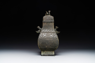A Chinese archaistic bronze ritual wine vessel and cover in Western Zhou-style, 'fang hu 方壺', Ming