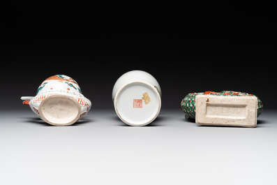 Two Chinese famille rose vases, two teapots and a Japanese wucai ewer, 19th C.