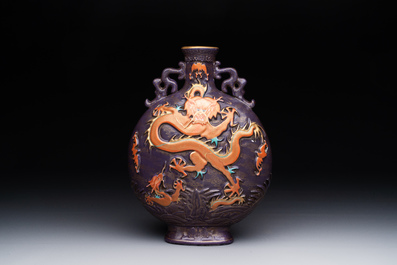 A fine Chinese purple-ground iron-red and gilt-decorated 'dragon' moonflask, Qianlong mark, Republic